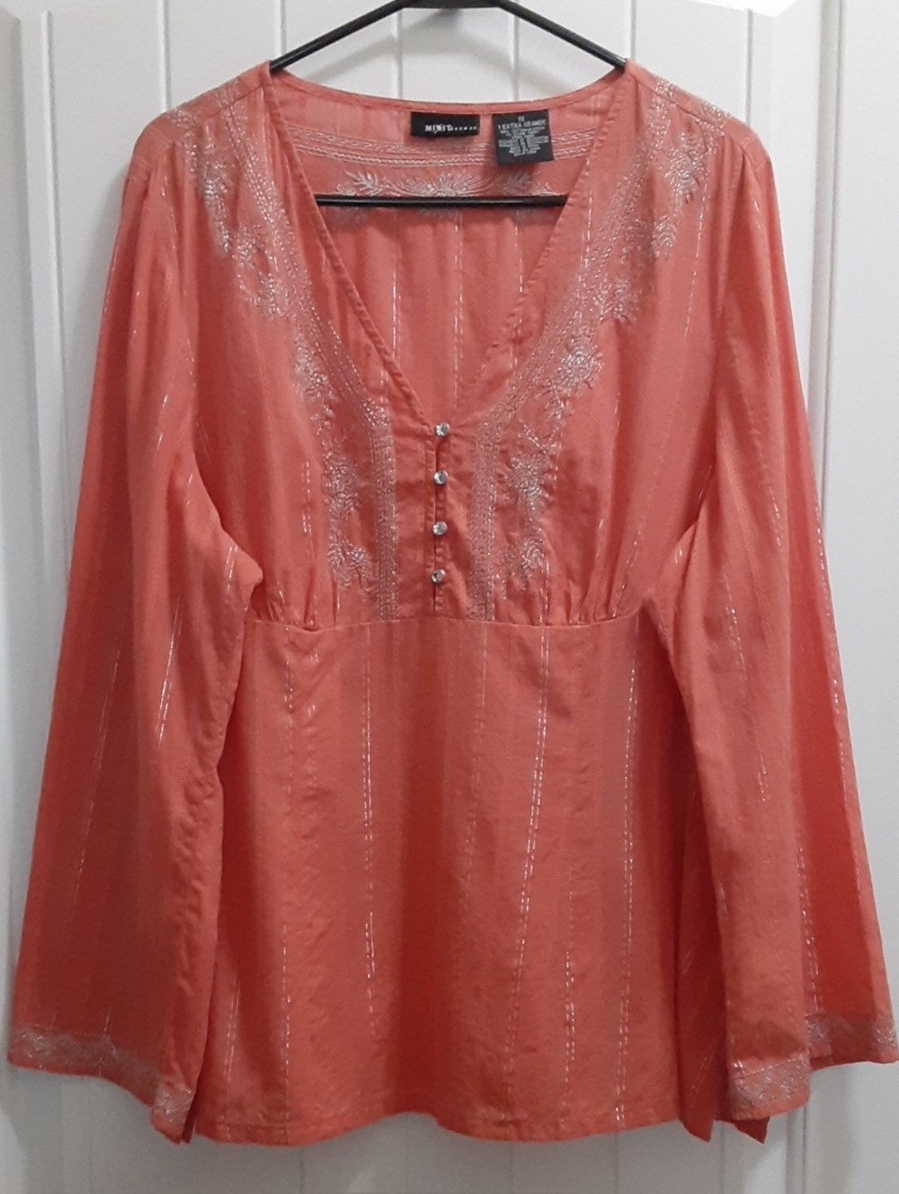 Mixit Woman Boho Embroidered Tunic Blouse Coral Orange Silver Lurex 1X EUC